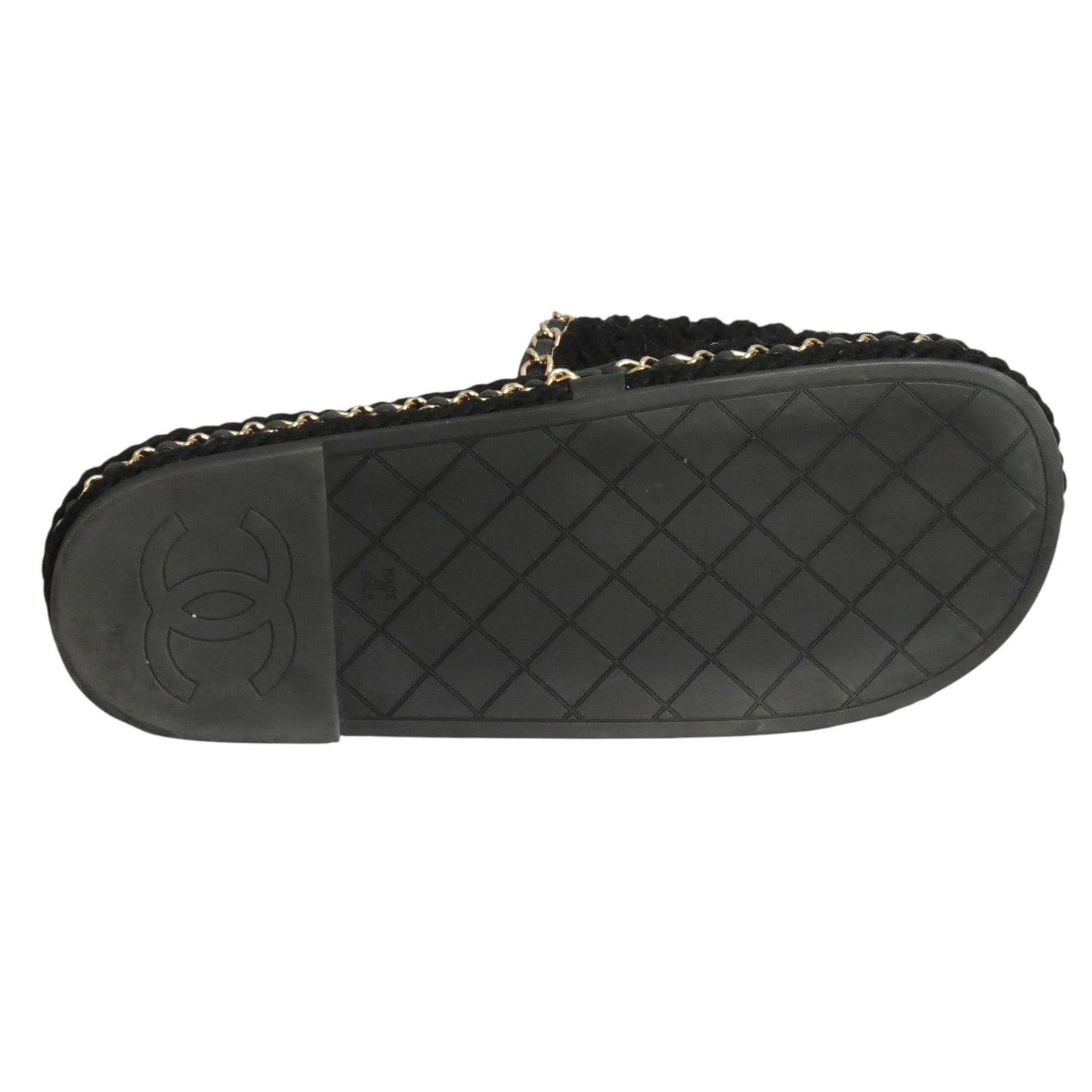 CHANEL- Black Rope & Chain "CC" Slides, Size 36