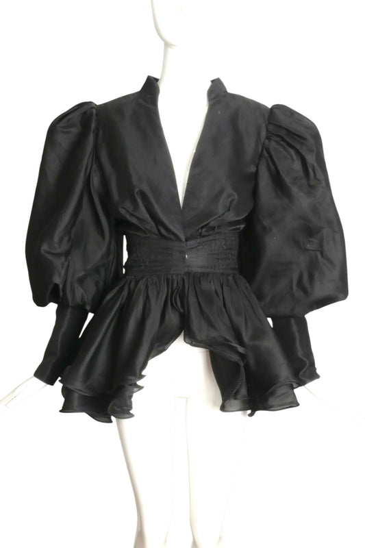 1980s Black Organza Puff Sleeve Jacket, Size 4