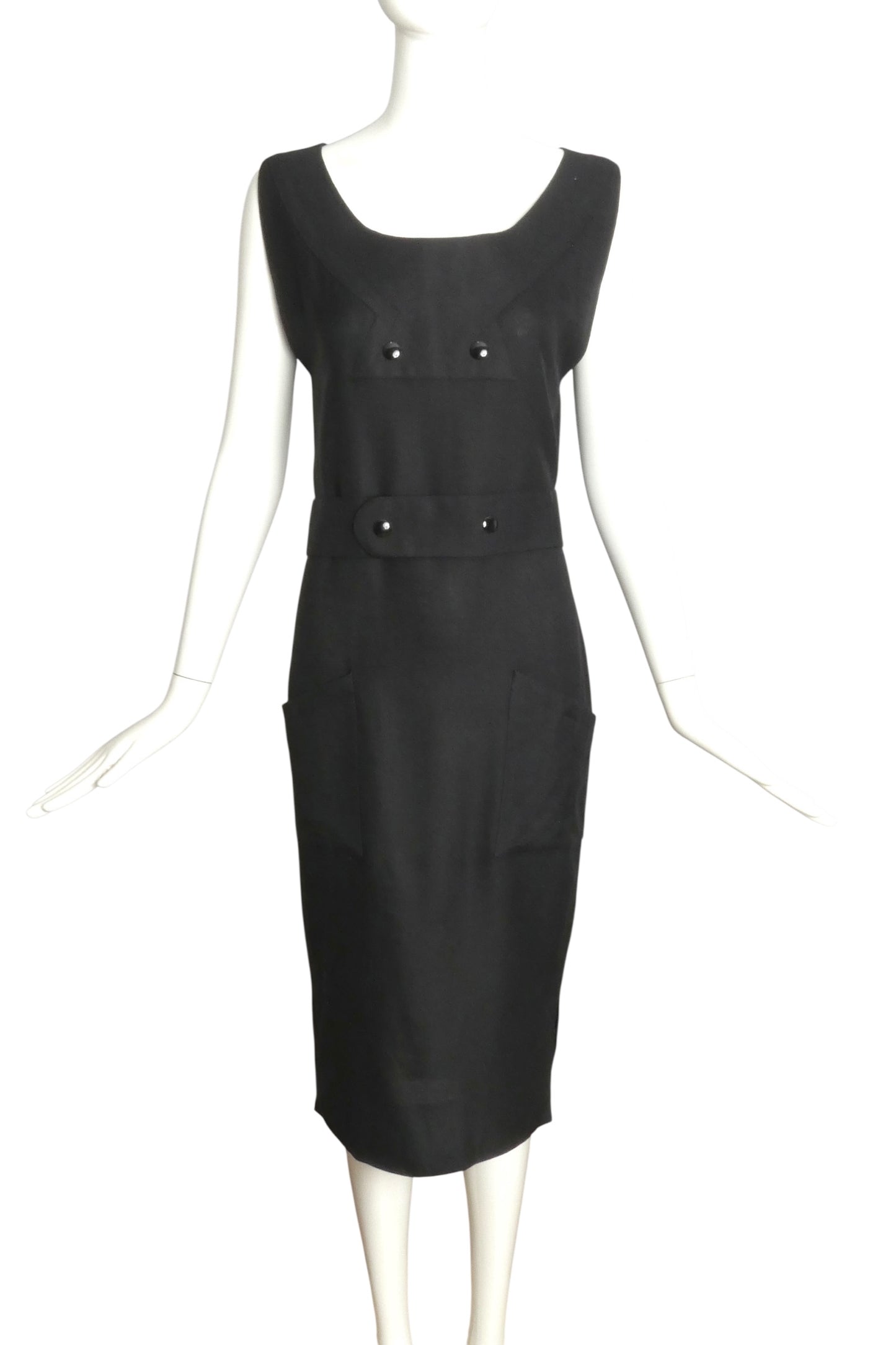 PIERRE CARDIN HAUTE COUTURE- 1990s Black Linen Belted Sheath Dress, Size 6