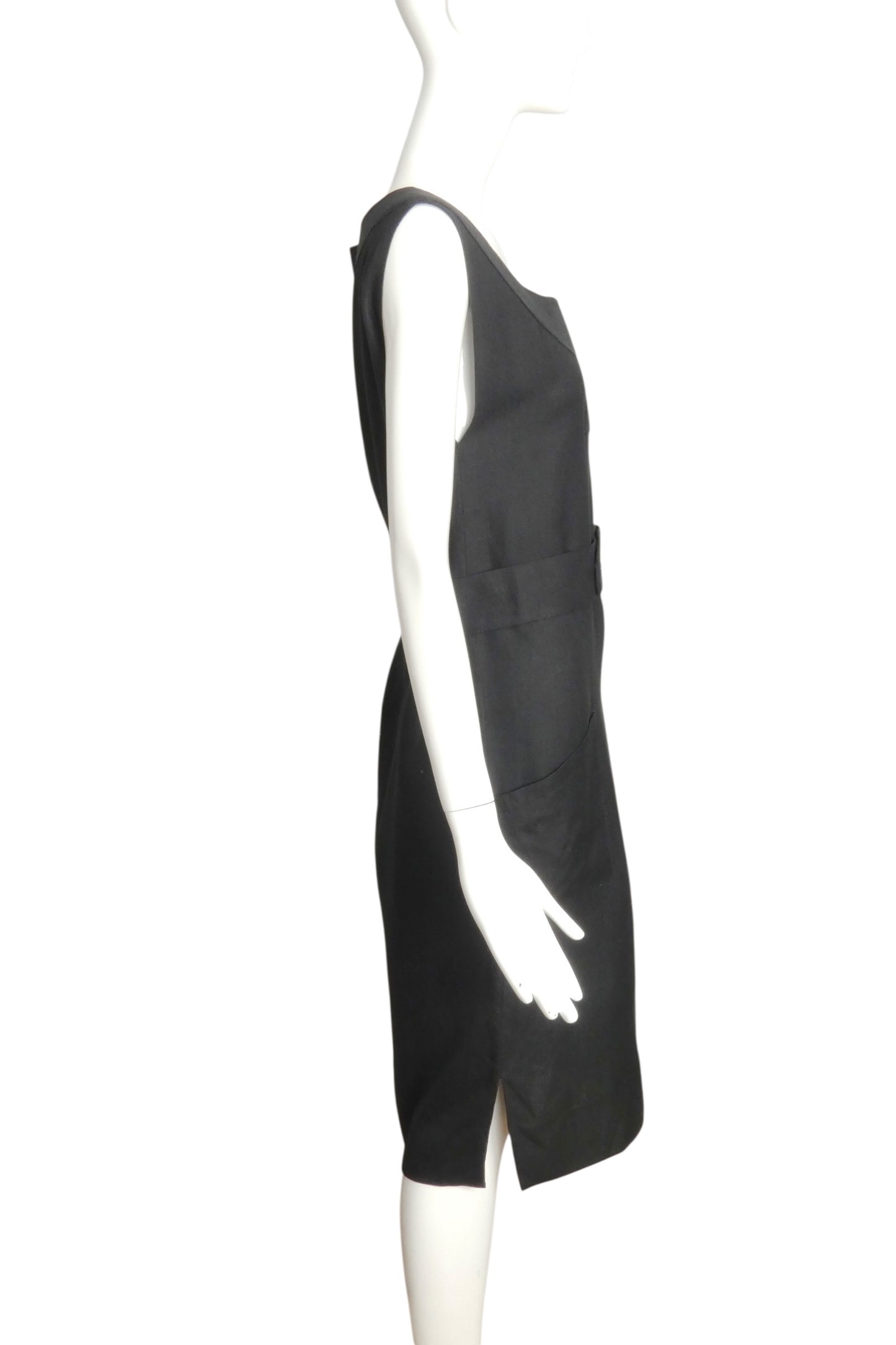PIERRE CARDIN HAUTE COUTURE- 1990s Black Linen Belted Sheath Dress, Size 6