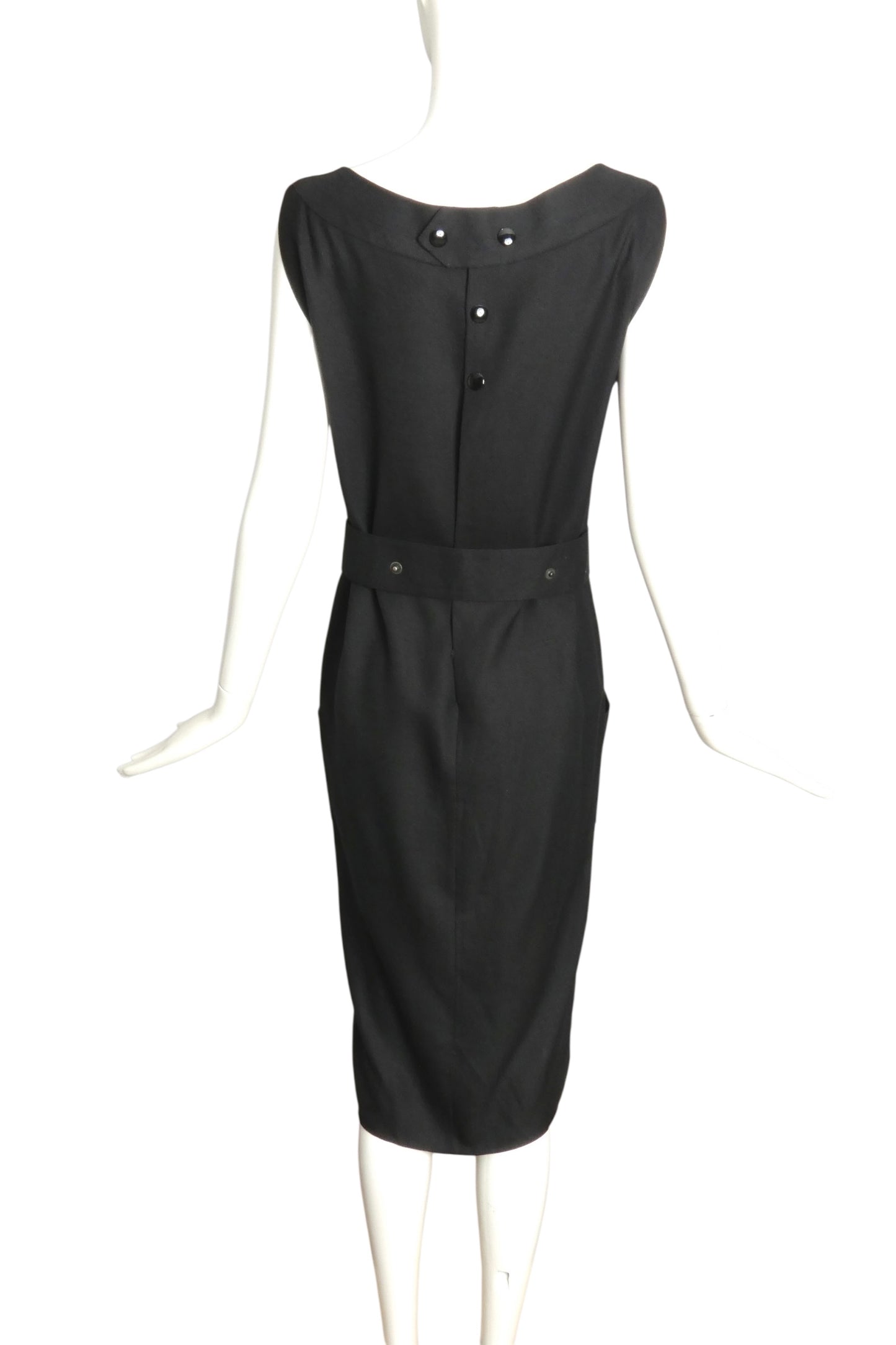 PIERRE CARDIN HAUTE COUTURE- 1990s Black Linen Belted Sheath Dress, Size 6