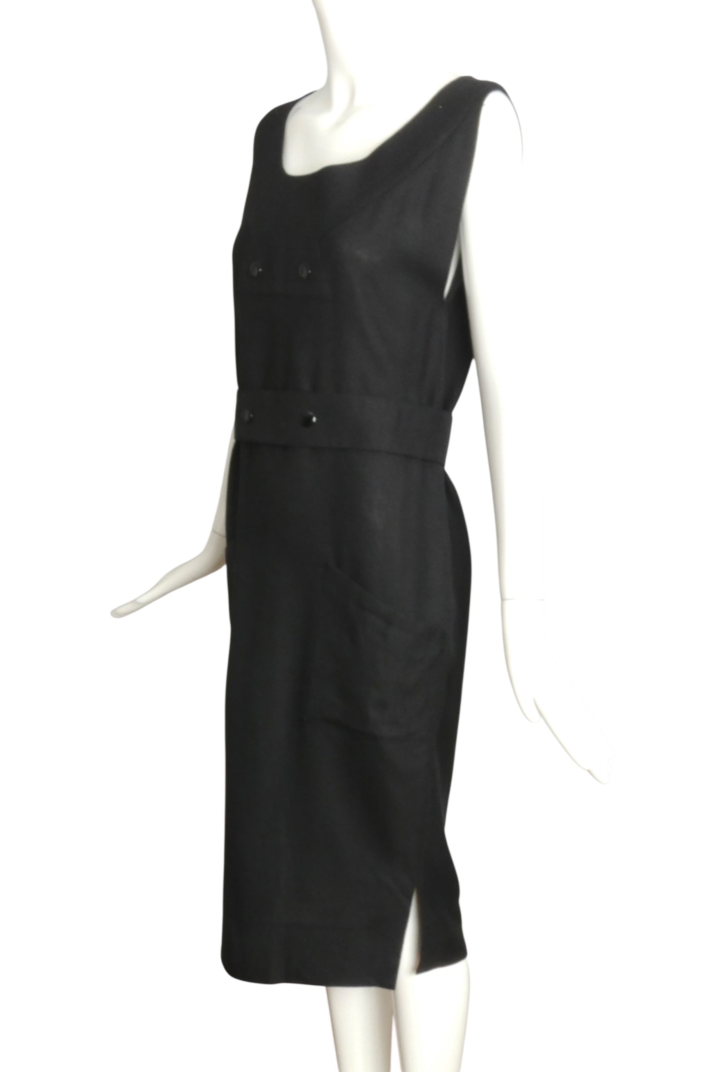 PIERRE CARDIN HAUTE COUTURE- 1990s Black Linen Belted Sheath Dress, Size 6