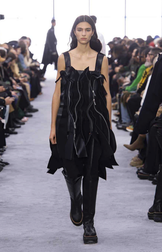 SACAI - 2024 Black Faux Leather Ruffled Zipper Dress, Size 4