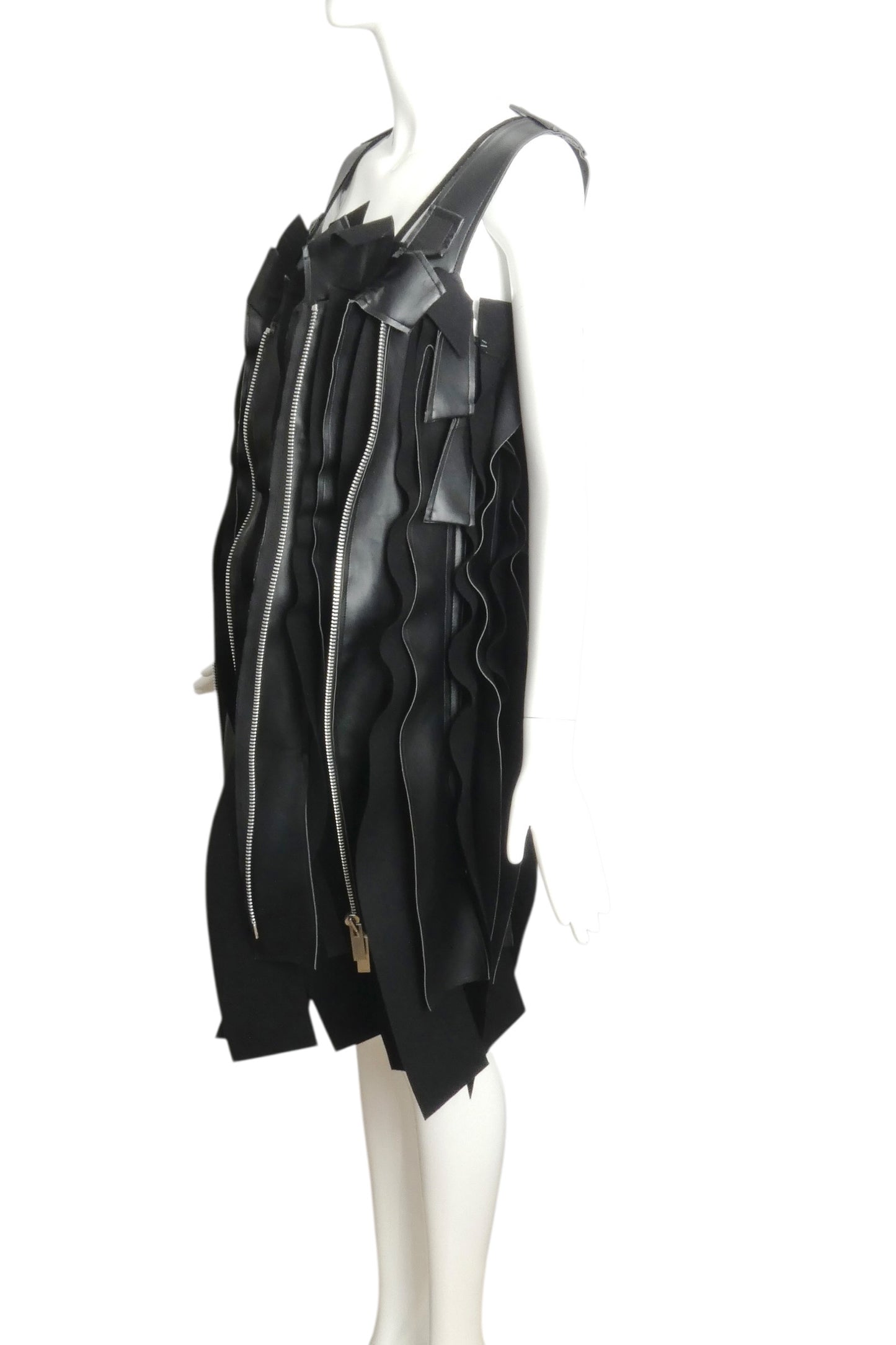 2024 Black Faux Leather Ruffled Zipper Dress, Size 4