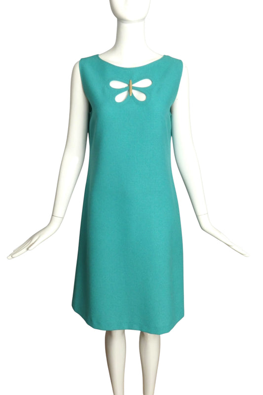 PIERRE CARDIN HAUTE COUTURE- c.2000 Turquoise Rayon Knit  A-Line Dress, Size 8