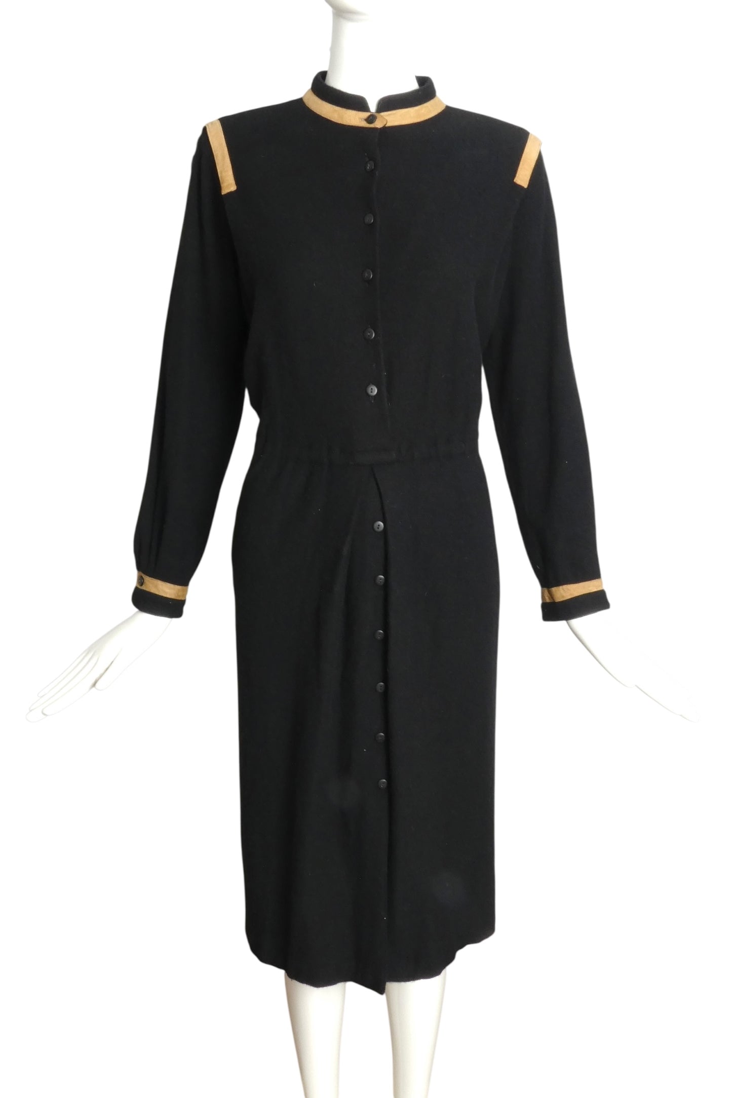 PIERRE CARDIN HAUTE COUTURE- 1970s Suede Trimmed Black Wool Dress, Size 14