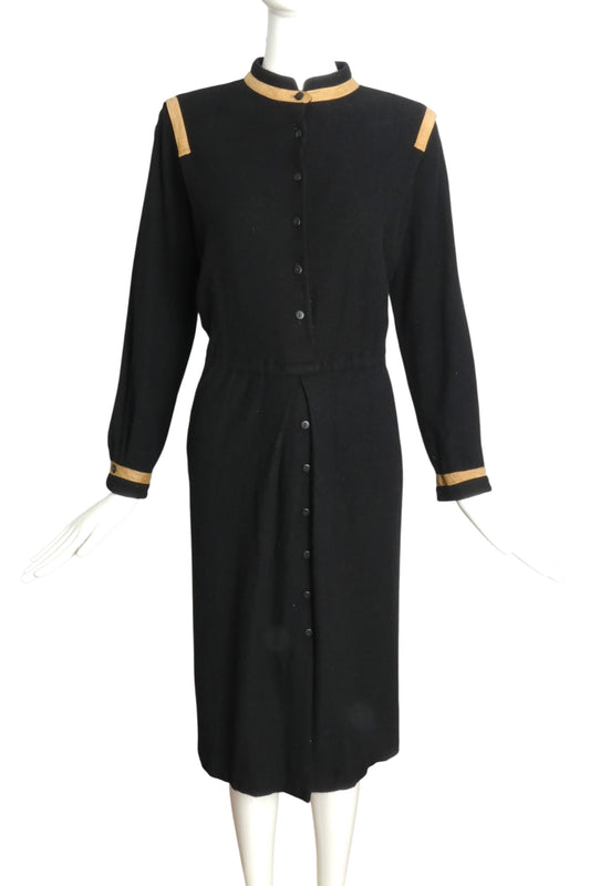 PIERRE CARDIN HAUTE COUTURE- 1970s Suede Trimmed Black Wool Dress, Size 14