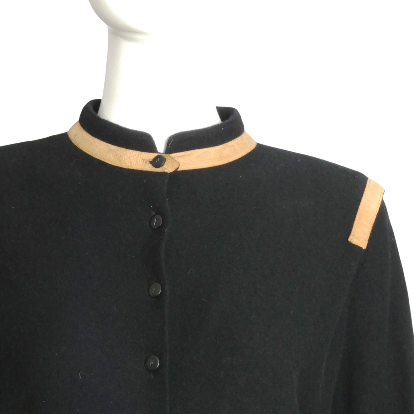 PIERRE CARDIN HAUTE COUTURE- 1970s Suede Trimmed Black Wool Dress, Size 14
