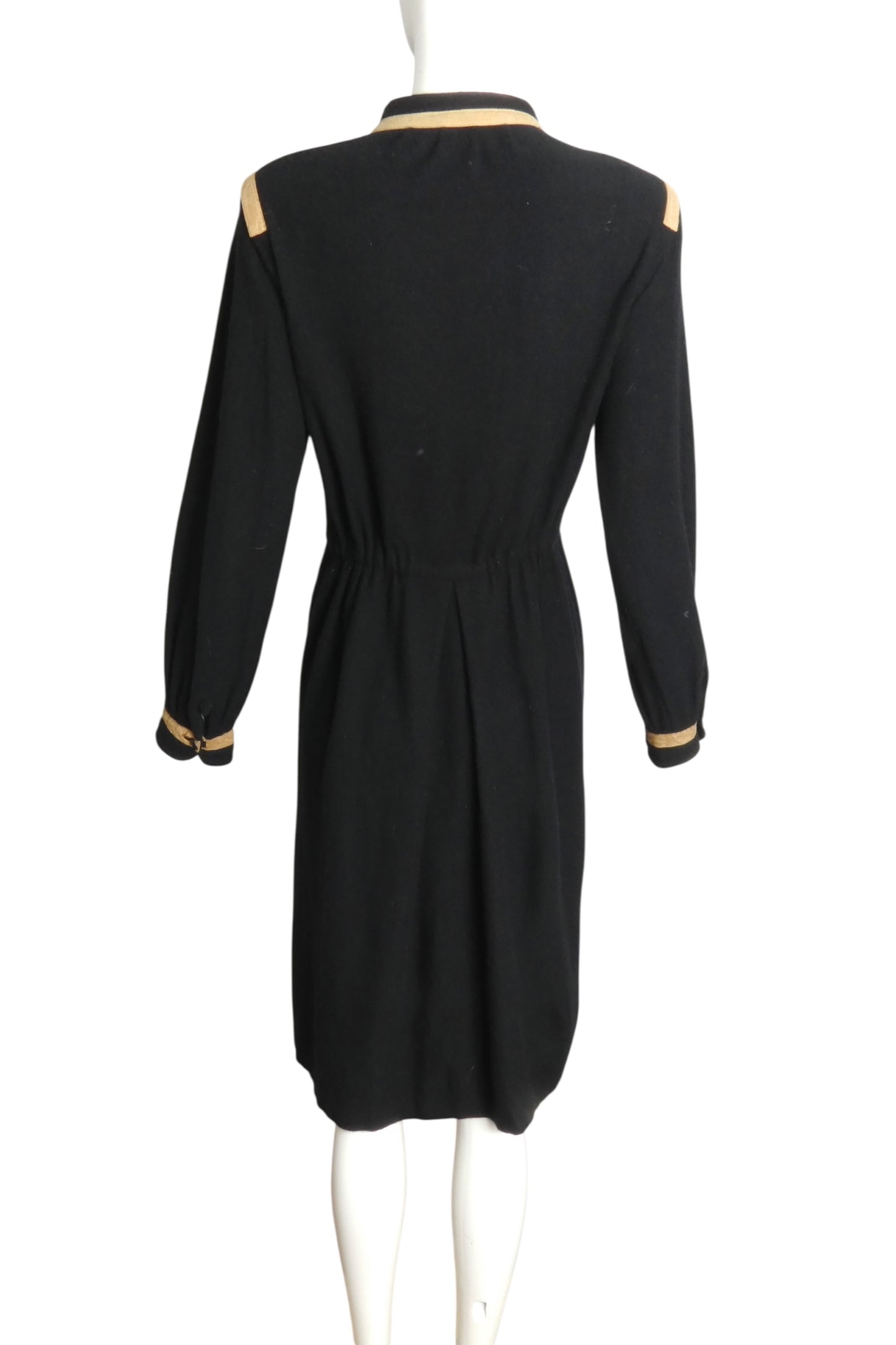 PIERRE CARDIN HAUTE COUTURE- 1970s Suede Trimmed Black Wool Dress, Size 14