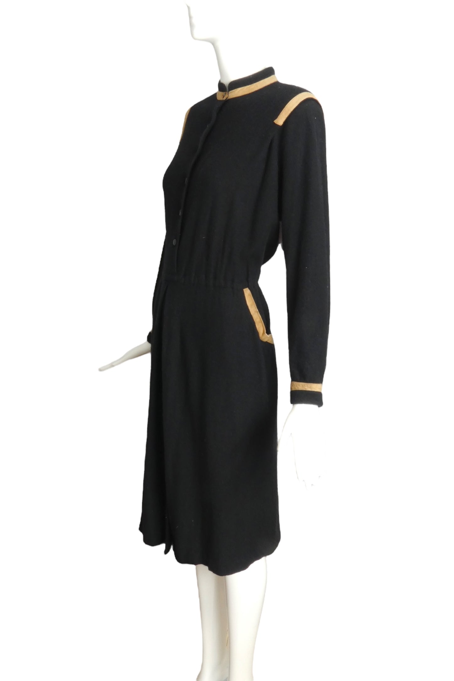 PIERRE CARDIN HAUTE COUTURE- 1970s Suede Trimmed Black Wool Dress, Size 14