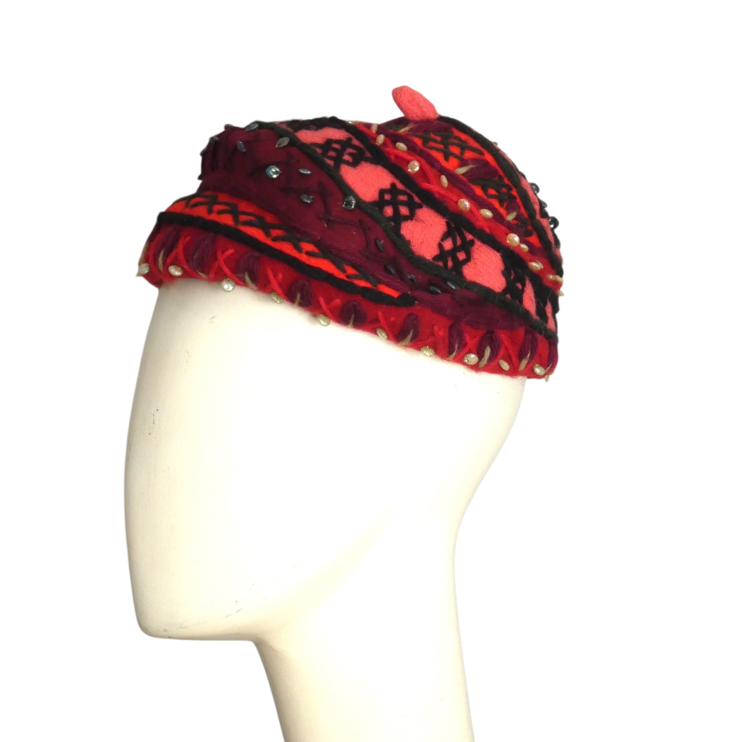 SALLY VICTOR-1940s Multi Color Wool Knit Yarn Hat