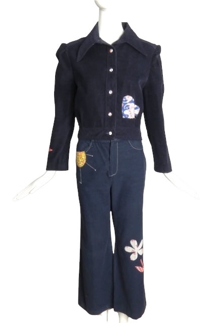 1960s 2pc Navy Corduroy Applique Pant Set, Size 8