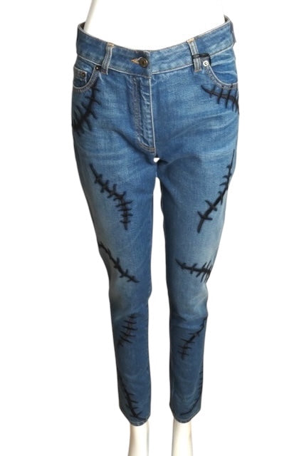 MOSCHINO COUTURE- NWT 2020 Embroidered Denim Stitches Jeans, Size 6
