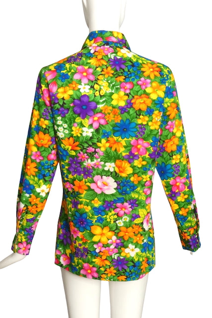 1970s Multi Color Floral Knit Blouse, Size 6