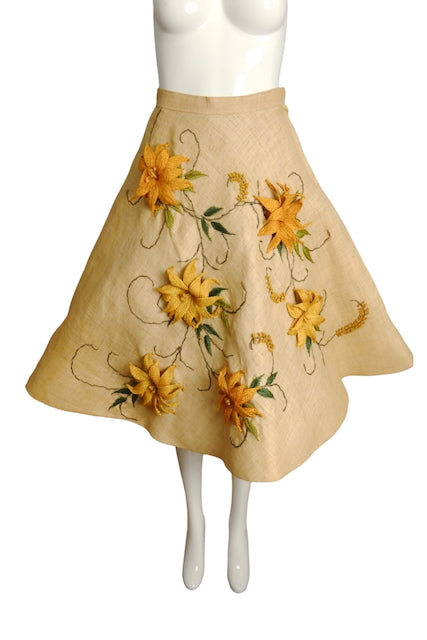 1950s Floral Straw Summer Skirt, Size 2