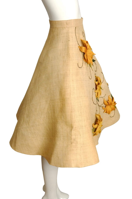 1950s Floral Straw Summer Skirt, Size 2