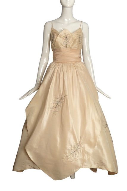1950s Pale Pink Beaded Taffeta Gown, Size 4