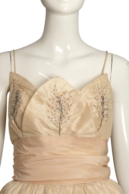 1950s Pale Pink Beaded Taffeta Gown, Size 4