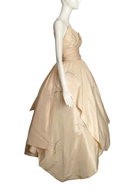 1950s Pale Pink Beaded Taffeta Gown, Size 4