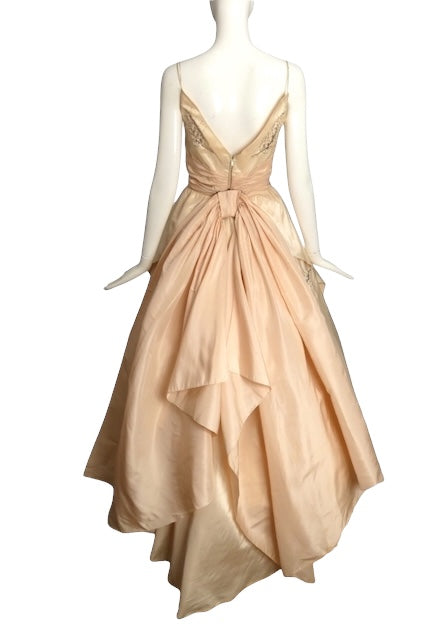 1950s Pale Pink Beaded Taffeta Gown, Size 4