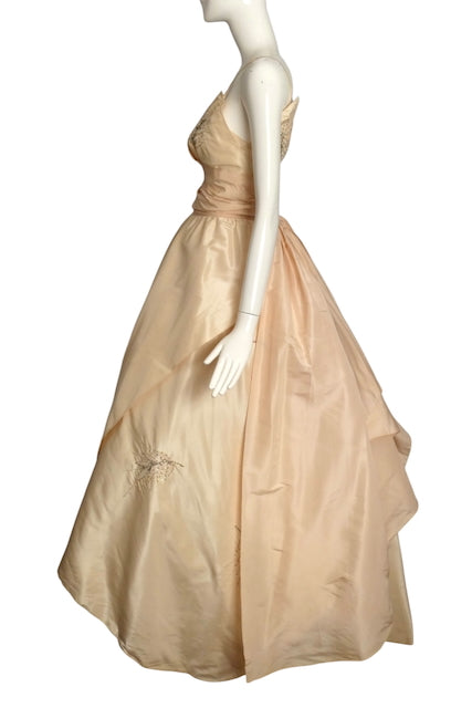 1950s Pale Pink Beaded Taffeta Gown, Size 4