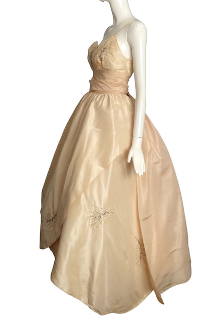1950s Pale Pink Beaded Taffeta Gown, Size 4