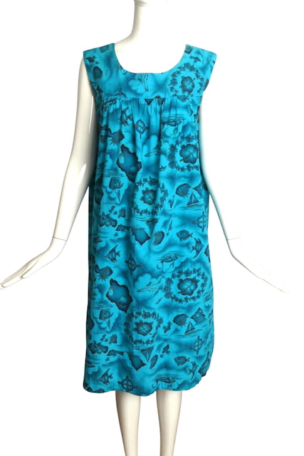 1960s Cotton Hawaiian Islands Print Dress, Size 8