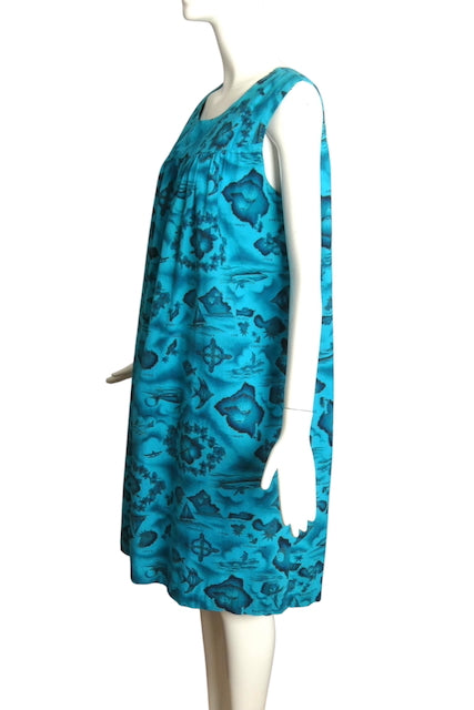 1960s Cotton Hawaiian Islands Print Dress, Size 8