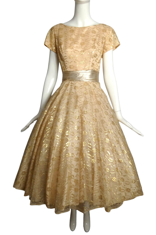 1950s Metallic Lace Party Dress, Size 2