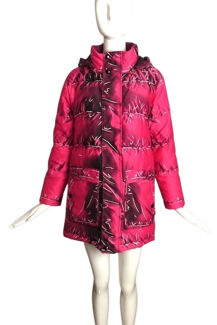 MOSCHINO COUTURE- 2016 Pink & Black Printed Puffer Coat, Size Medium