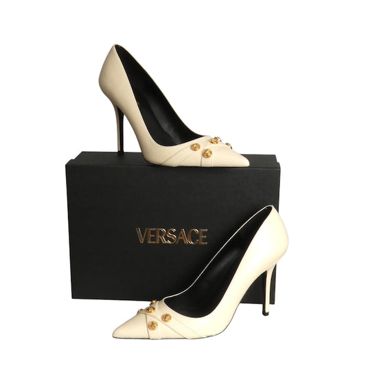 VERSACE- NIB Ivory Leather Medusa Spike Heel Pumps, Size 39