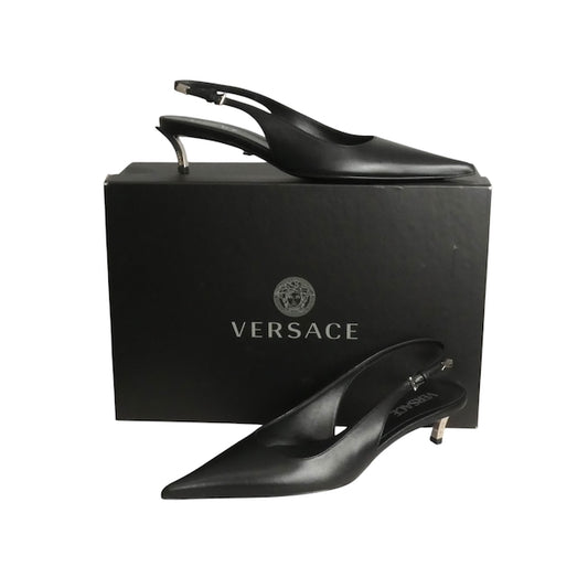 VERSACE- NIB Black Leather Sling Back Pumps, Size 40