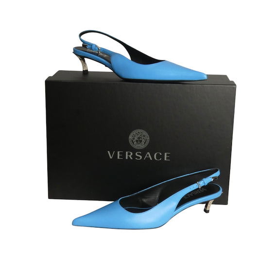 VERSACE- NIB Blue Leather Sling Back Pumps, Size 37.5