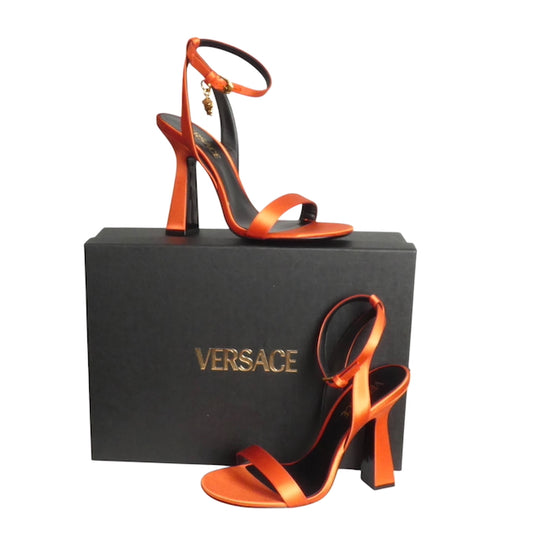 VERSACE- NIB Orange Satin Charm Sandals, Size 38