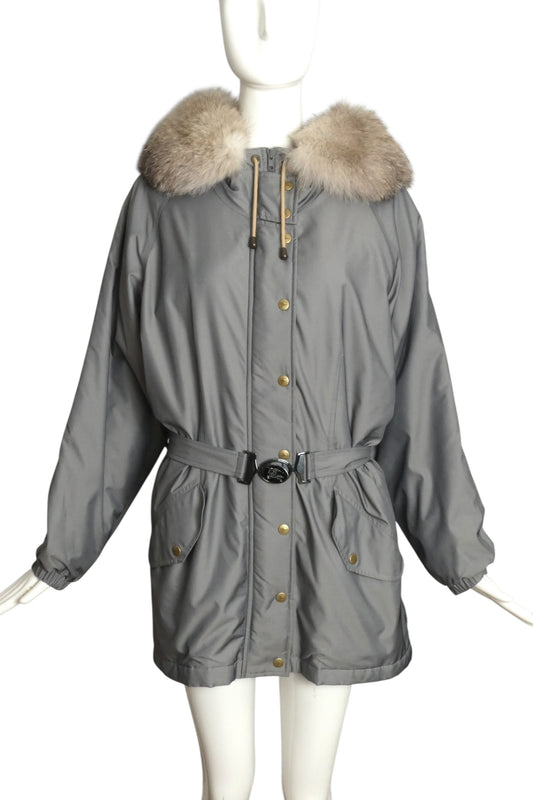 BURBERRY- Gray Nylon & Fur Trim Coat, Size Medium