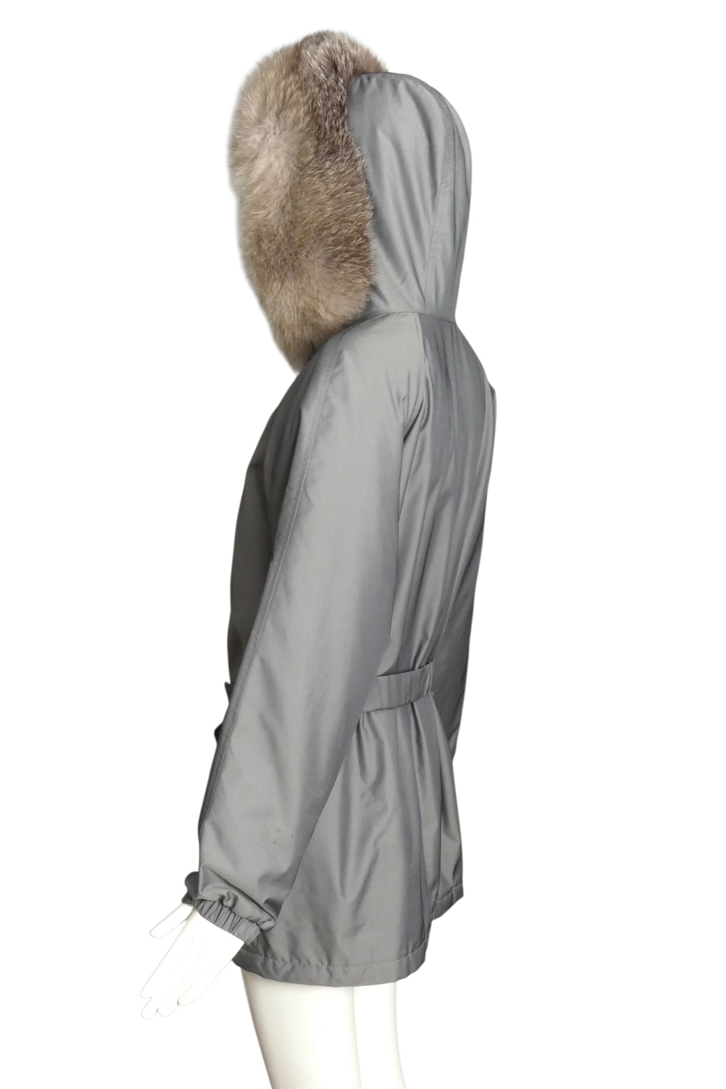 BURBERRY- Gray Nylon & Fur Trim Coat, Size Medium