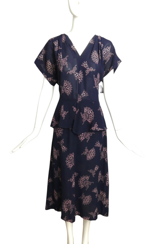 1940s Blue Printed Crepe Peplum Dress, Size 12