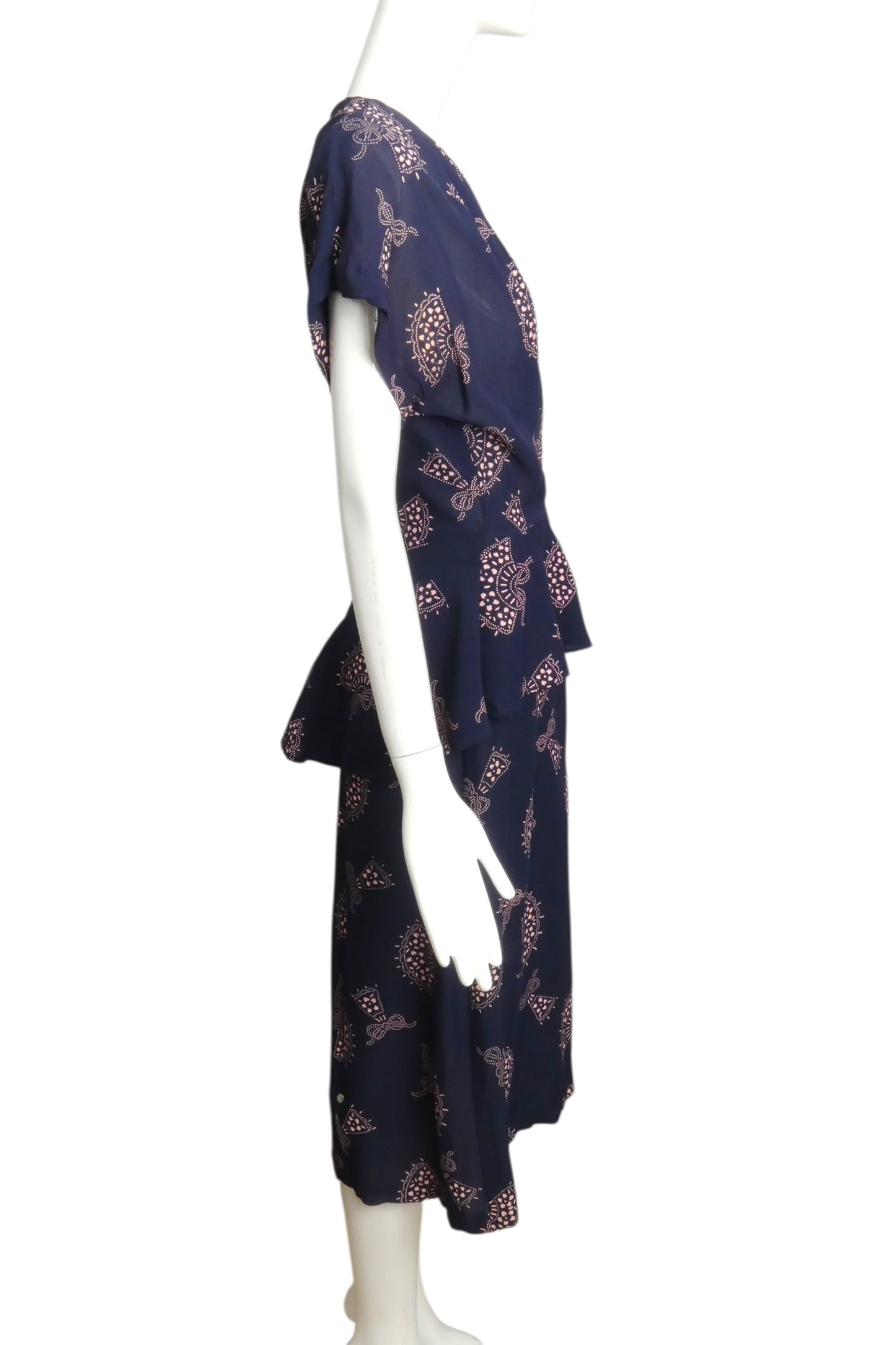 1940s Blue Printed Crepe Peplum Dress, Size 12
