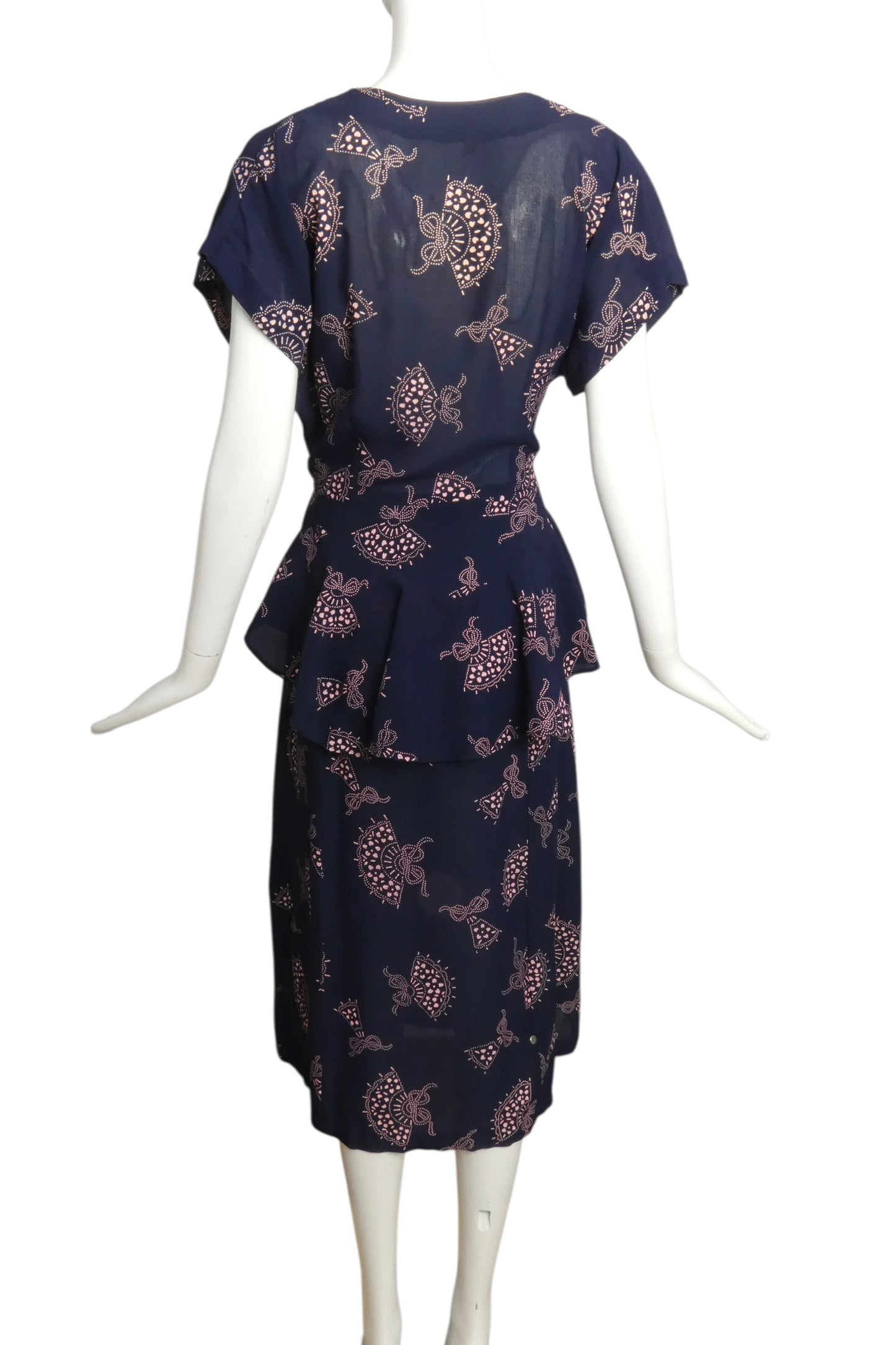 1940s Blue Printed Crepe Peplum Dress, Size 12