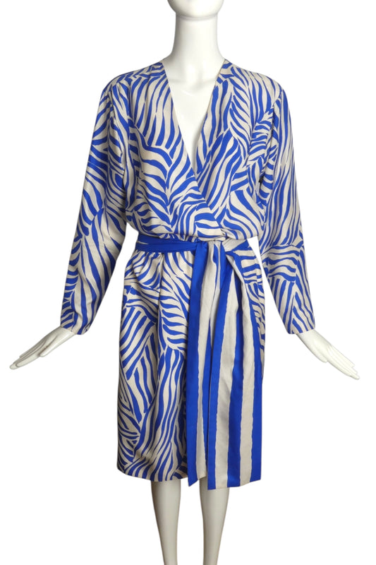 YVES SAINT LAURENT- 1989 Print Silk Wrap Dress, Size 10