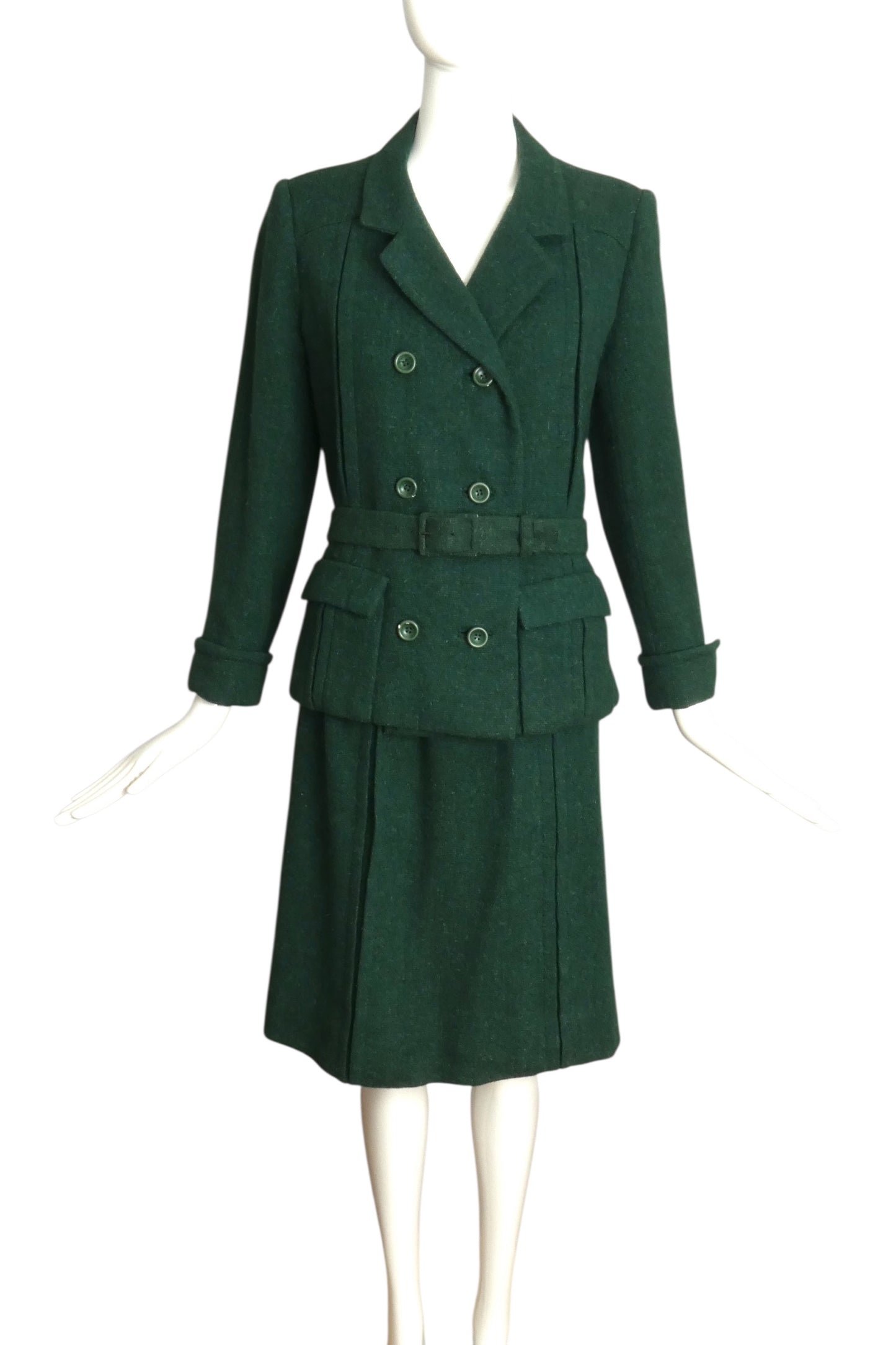 CHRISTIAN DIOR- 1950s Belted Green Wool Tweed Suit, Size 4
