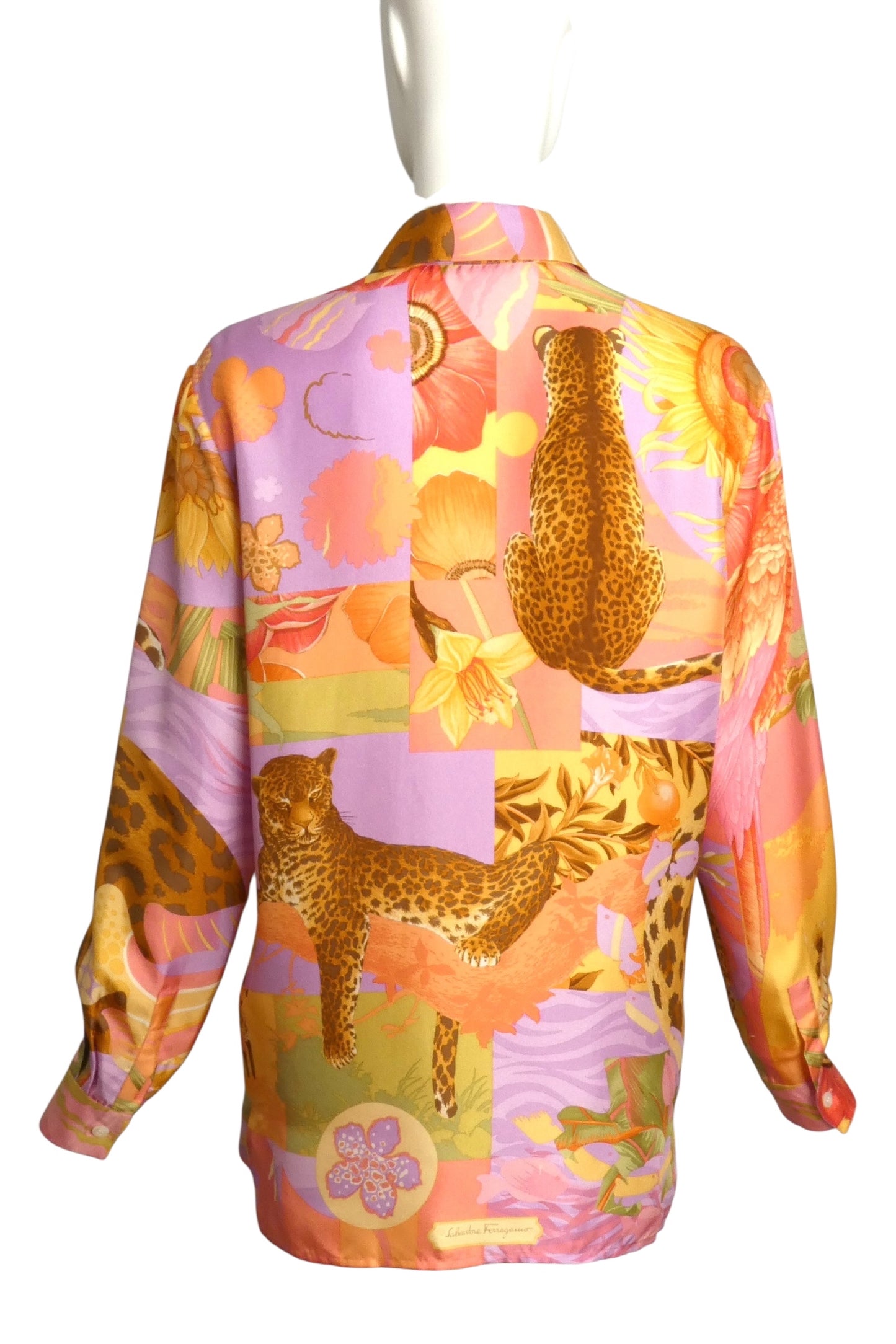 SALVATORE FERRAGAMO- 1990s Silk Tropical Print Blouse, Size 8