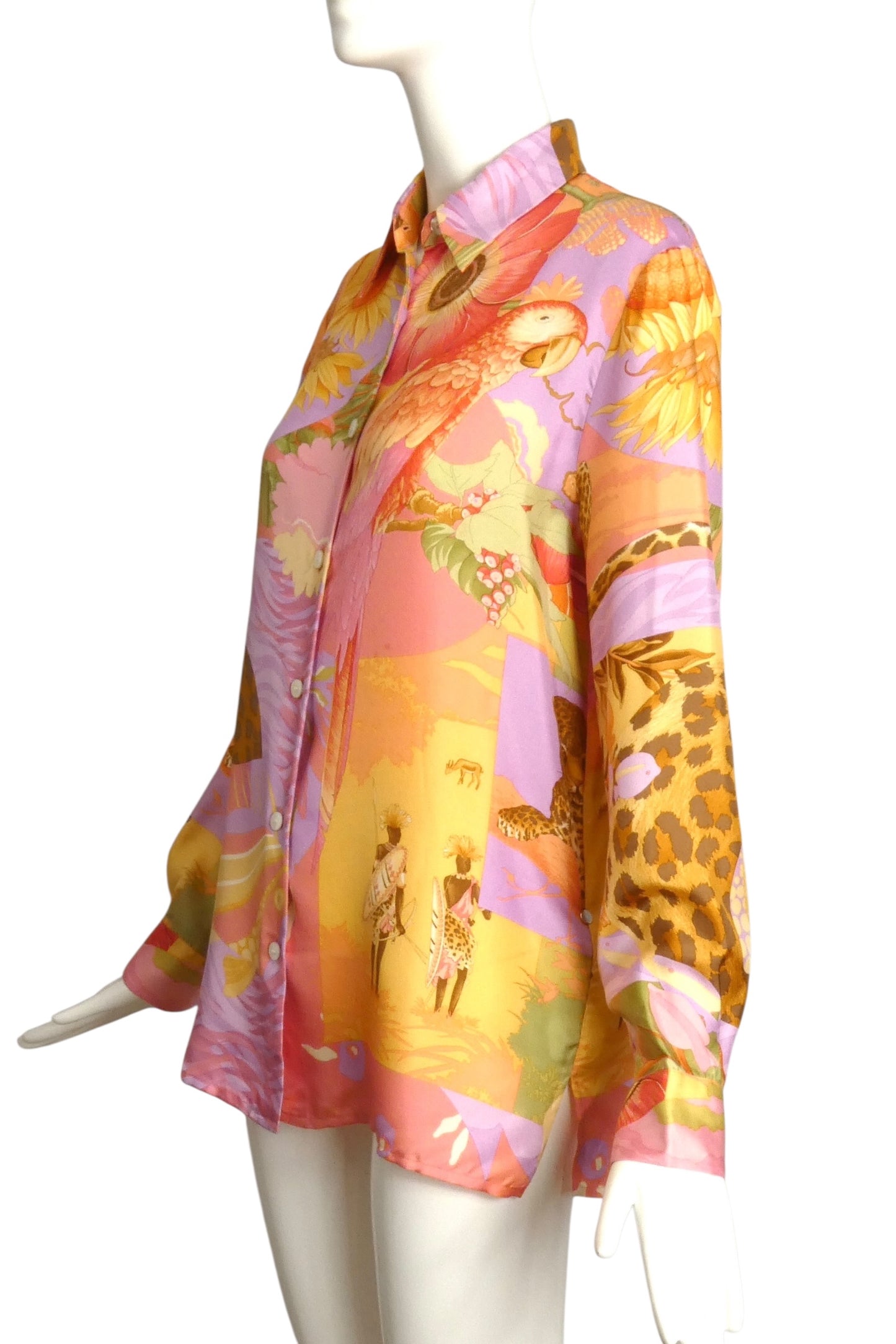 SALVATORE FERRAGAMO- 1990s Silk Tropical Print Blouse, Size 8