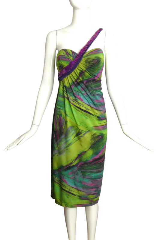 ICEBERG- Printed Knit & Sequin One Shoulder Dress, Size 8