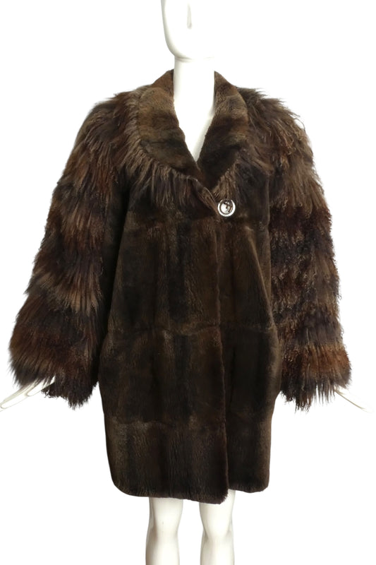 FENDI- 1984 Brown Curly Lamb Fur Coat, Size Large