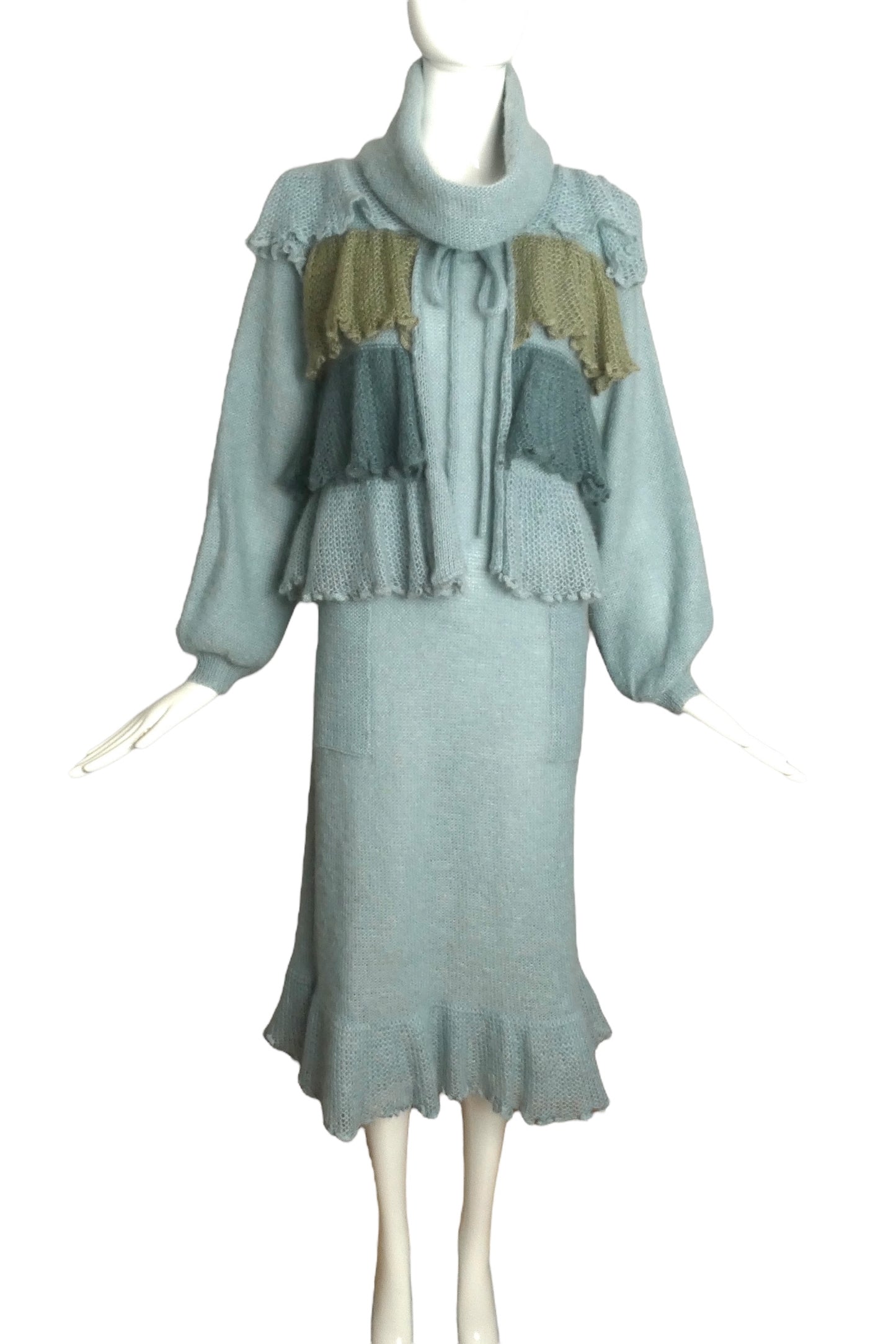 KRIZIA- 1970s 2pc Blue Sweater Knit Dress & Vest, Size 8