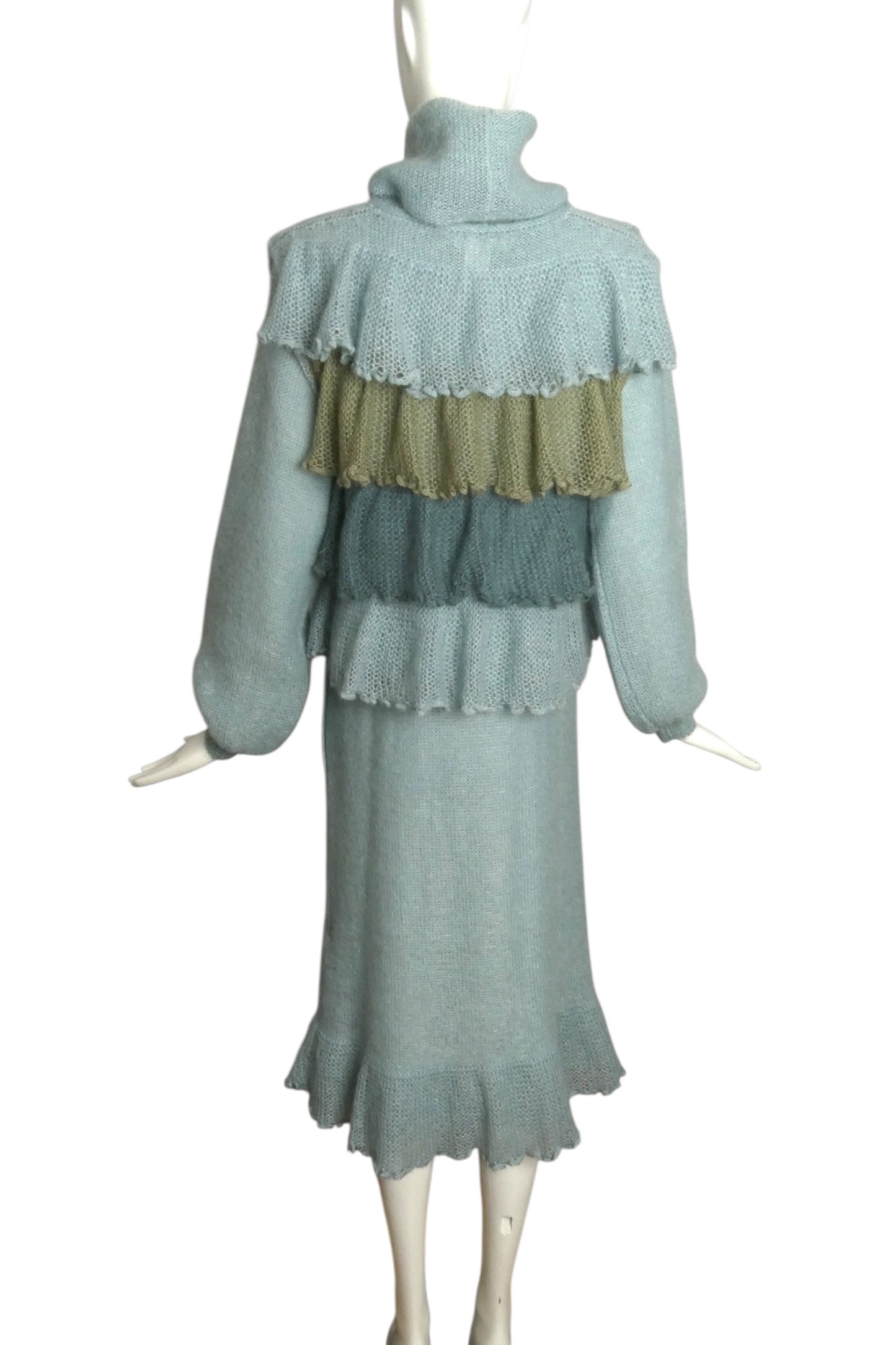 KRIZIA- 1970s 2pc Blue Sweater Knit Dress & Vest, Size 8