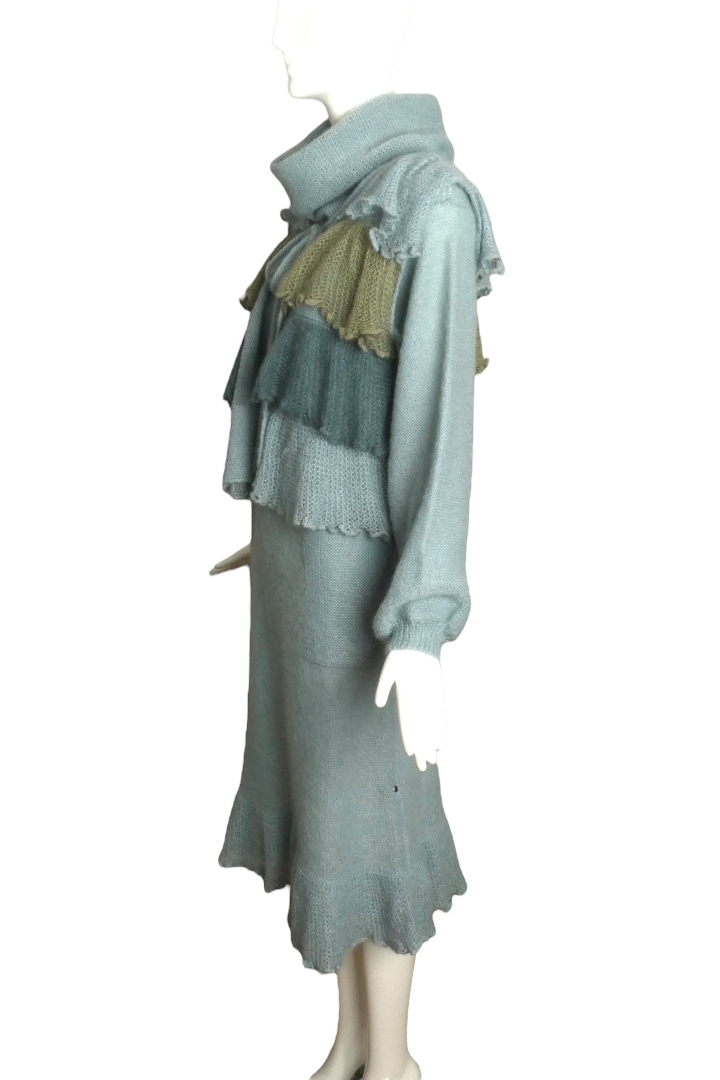 KRIZIA- 1970s 2pc Blue Sweater Knit Dress & Vest, Size 8