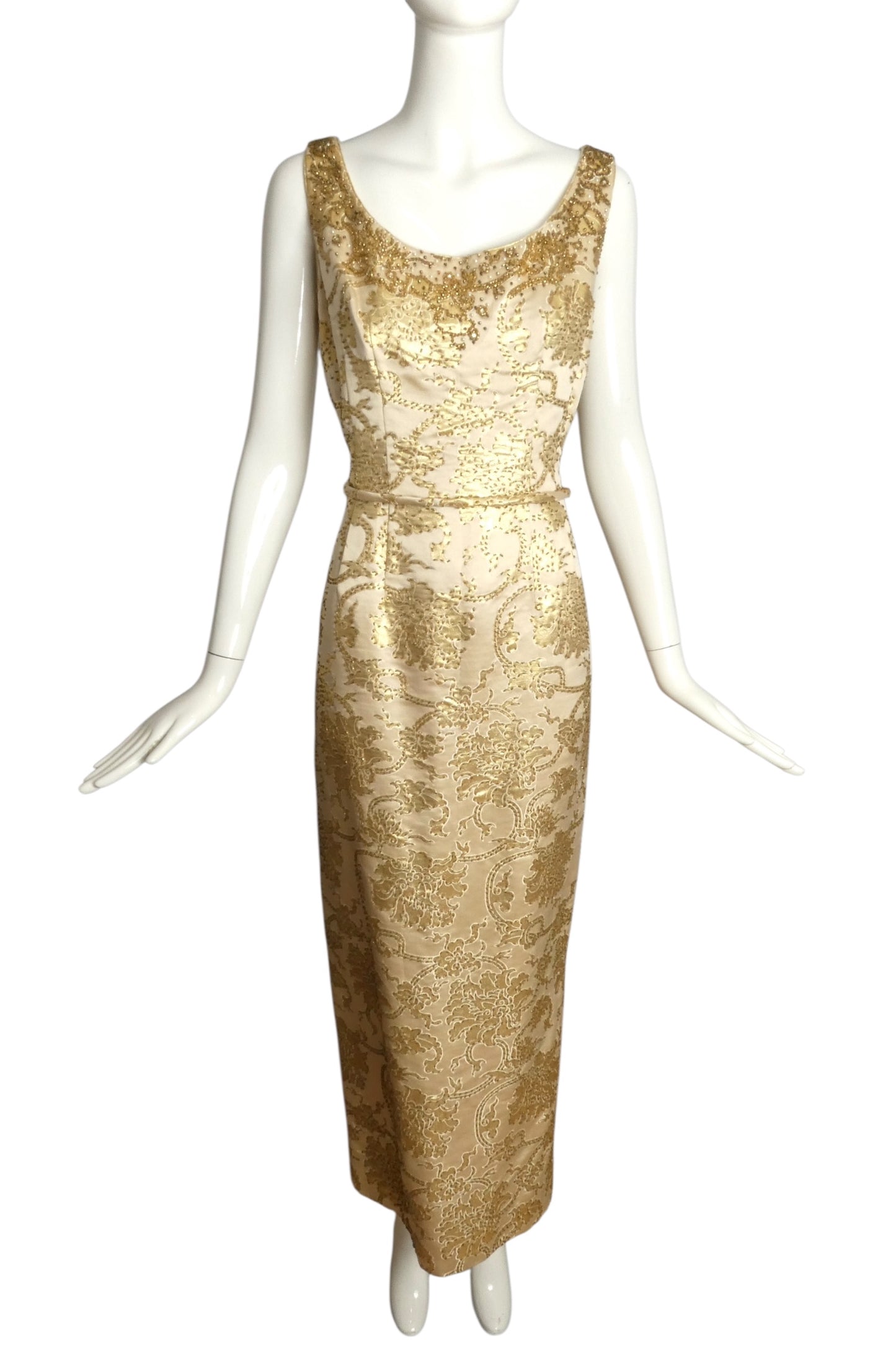 1960s 2pc Gold Beaded Brocade Evening Ensemble, Size 10