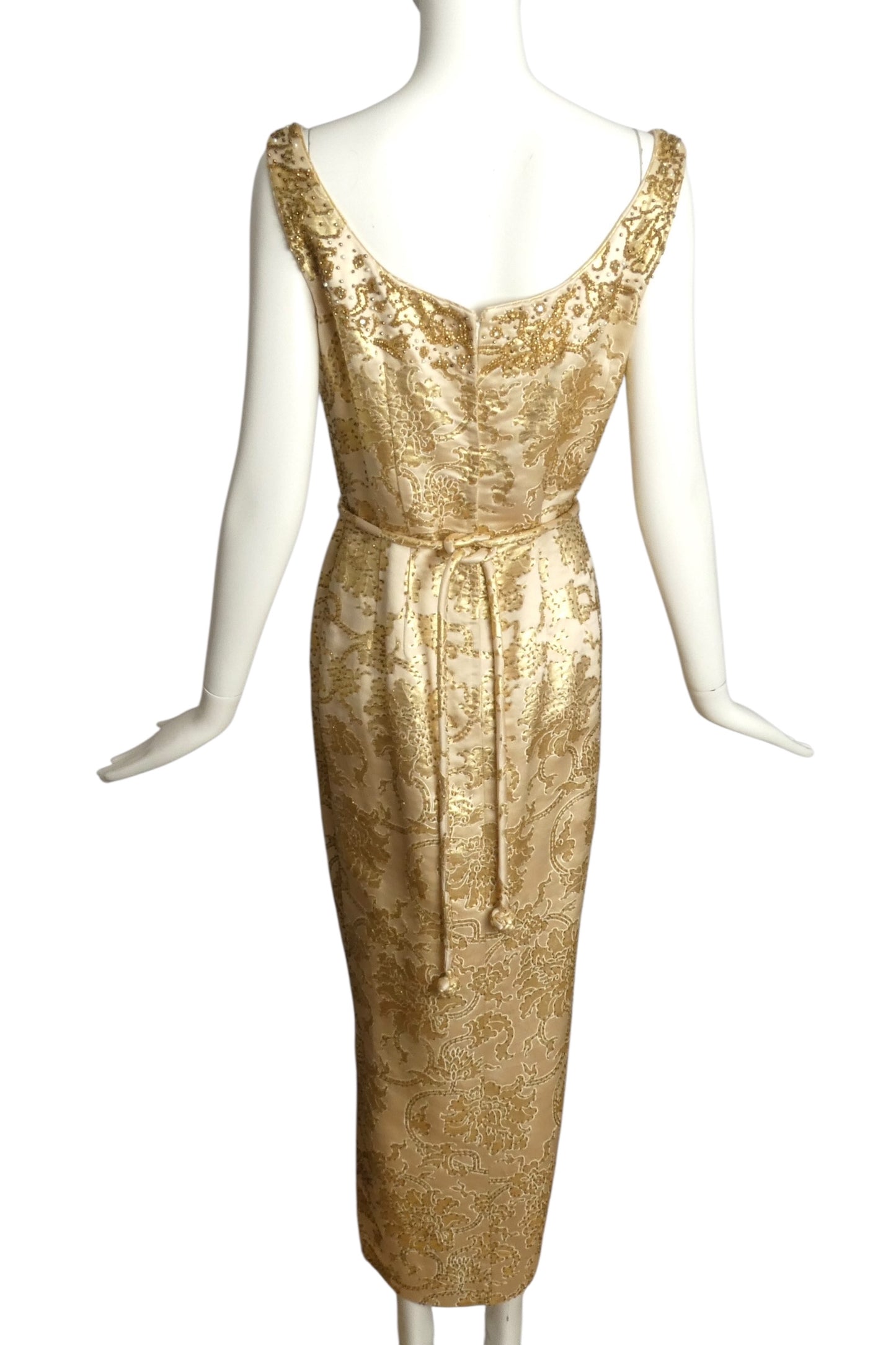 1960s 2pc Gold Beaded Brocade Evening Ensemble, Size 10